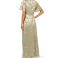 Adrianna Papell - Foiled Leaf Print Surplice V-neck Short Flutter Sleeve Gown
