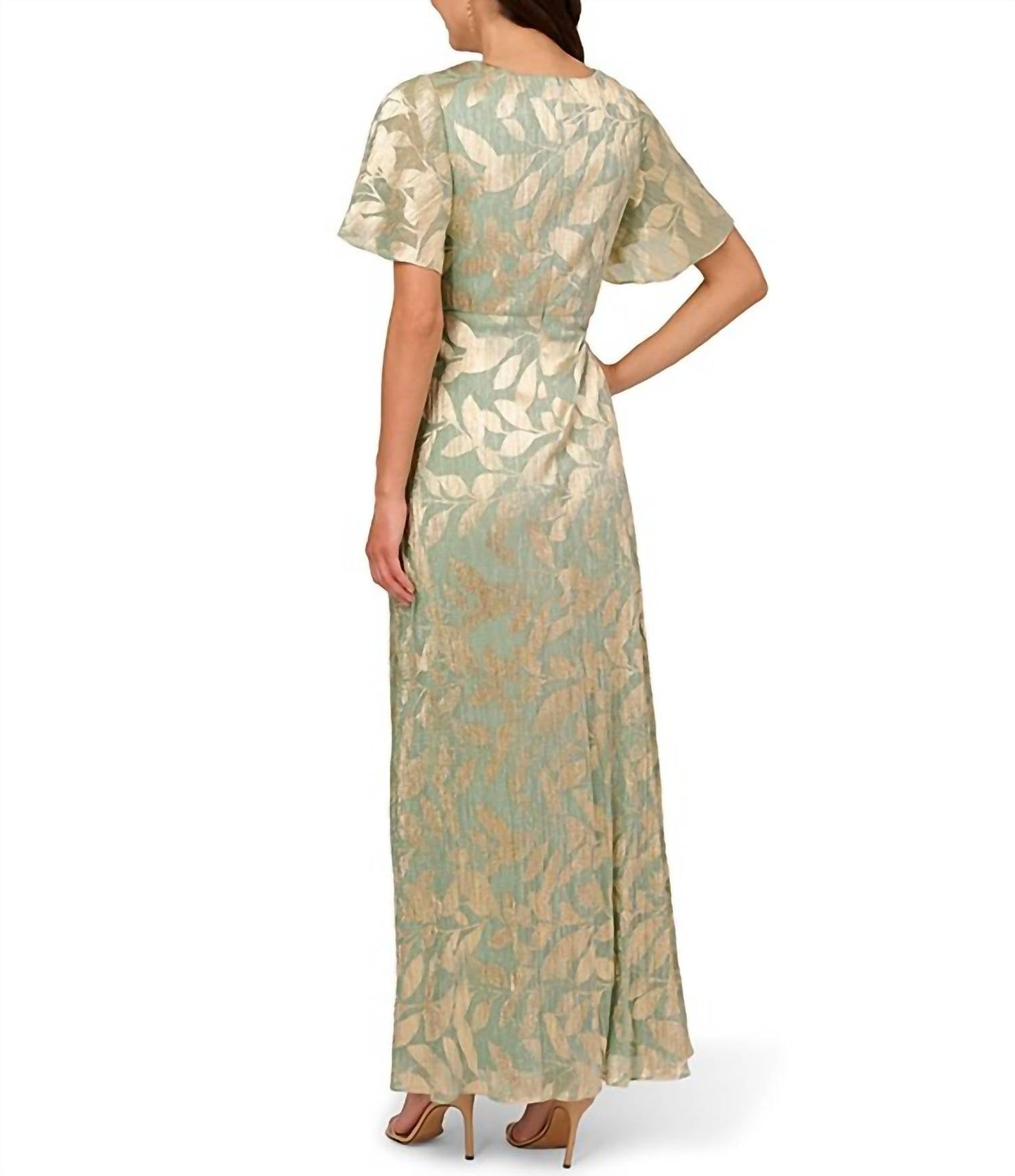 Adrianna Papell - Foiled Leaf Print Surplice V-neck Short Flutter Sleeve Gown