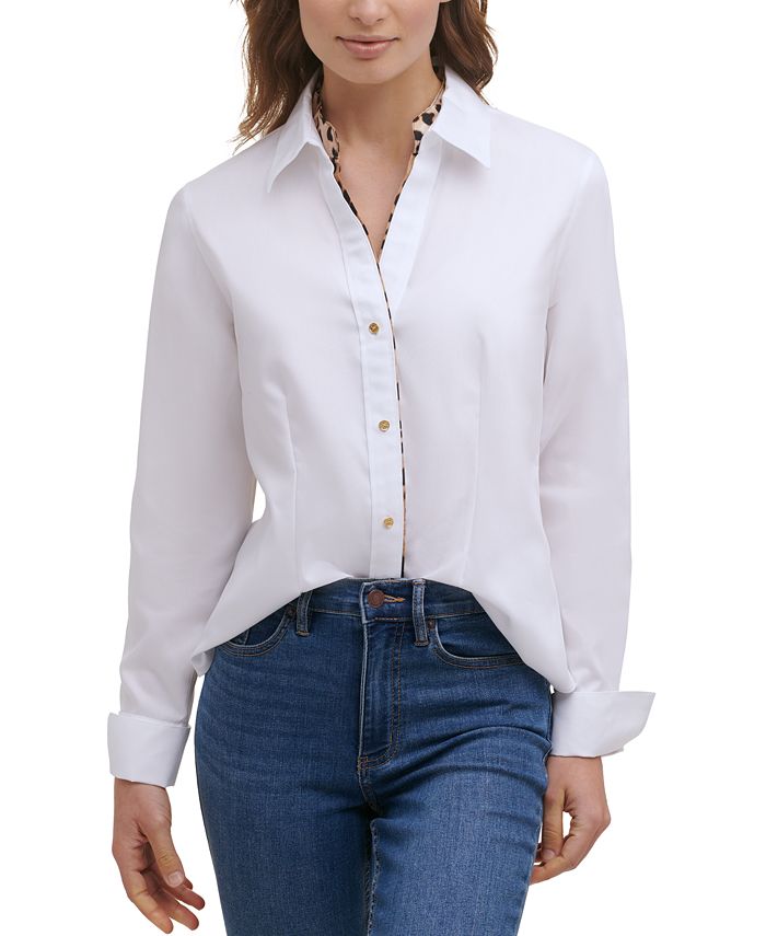 Calvin Klein Women's Leopard Trim Button Down Shirt White Size Small
