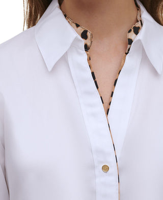 Calvin Klein Women's Leopard Trim Button Down Shirt White Size Small