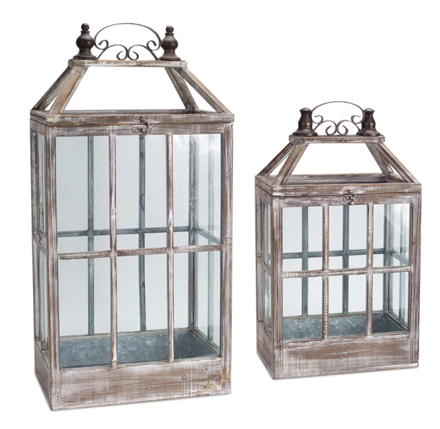 White washed wood lantern with ornate metal (set of 2)