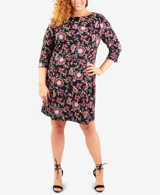 NY Collection Women's Plus Jacquard Knit Shift Dress with Necklace -Black/Wine Size 2X