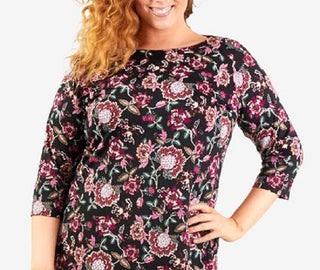 NY Collection Women's Plus Jacquard Knit Shift Dress with Necklace -Black/Wine Size 2X