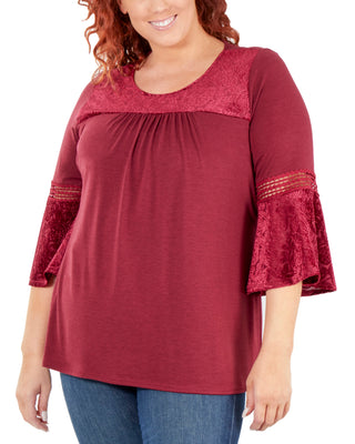 NY Collection Women's Plus Devore Crochet Trim Top Red Size 2X