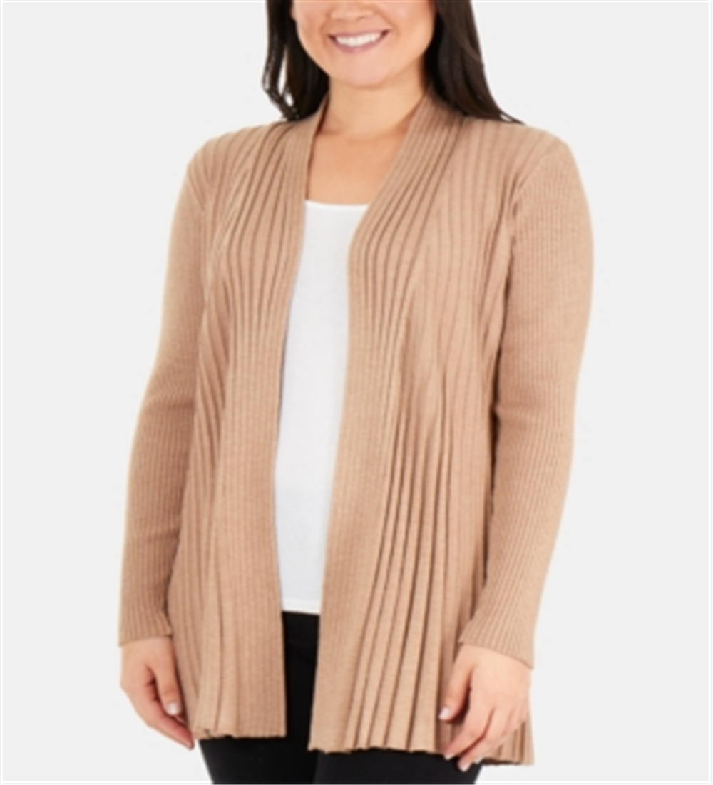NY Collection Women's Pleated Open Front Cardigan Brown Size Petite X-Large