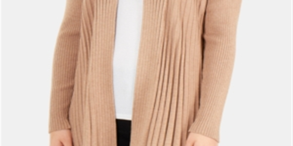 NY Collection Women's Pleated Open Front Cardigan Brown Size Petite X-Large
