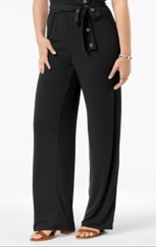 NY Collection Women's Belted Grommet Jumpsuit Black Size Petite Small