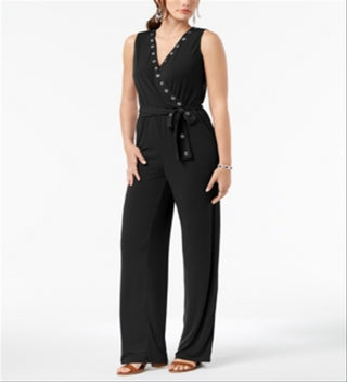 NY Collection Women's Belted Grommet Jumpsuit Black Size Petite Small