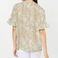 NY Collection Women's Printed Bell-Sleeve Top Brown Size Petite Small