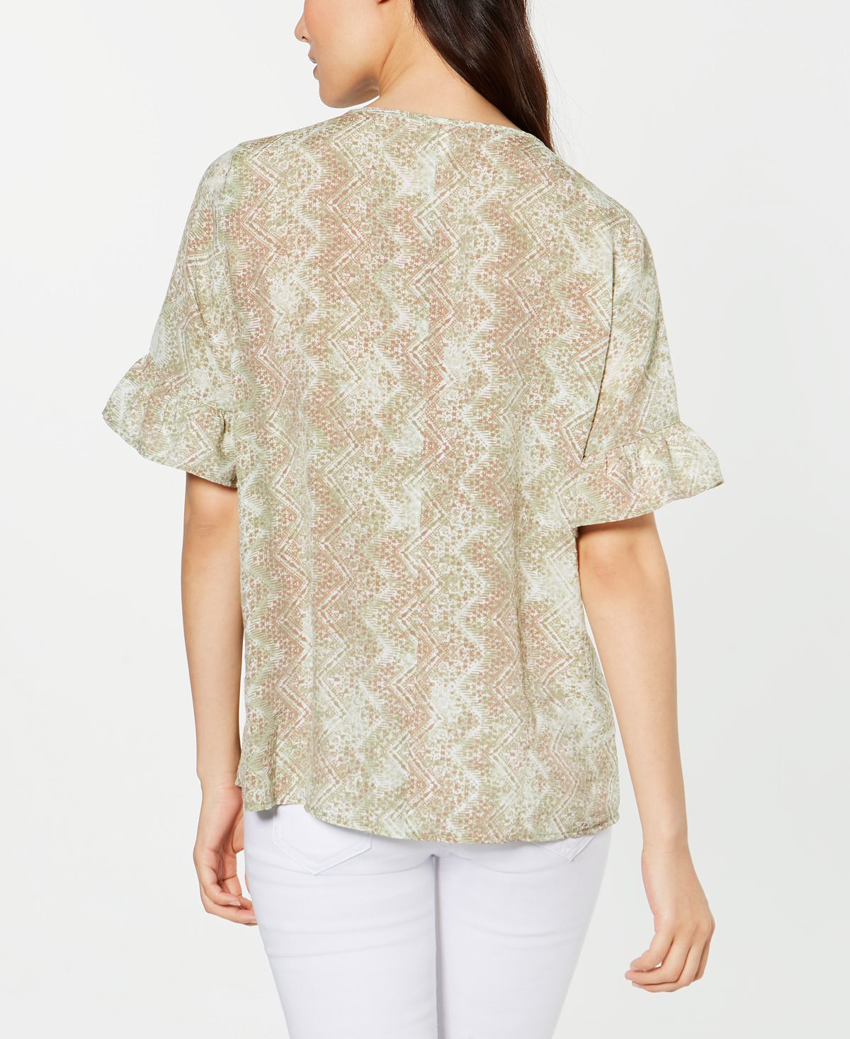 NY Collection Women's Printed Bell-Sleeve Top Brown Size Petite Small