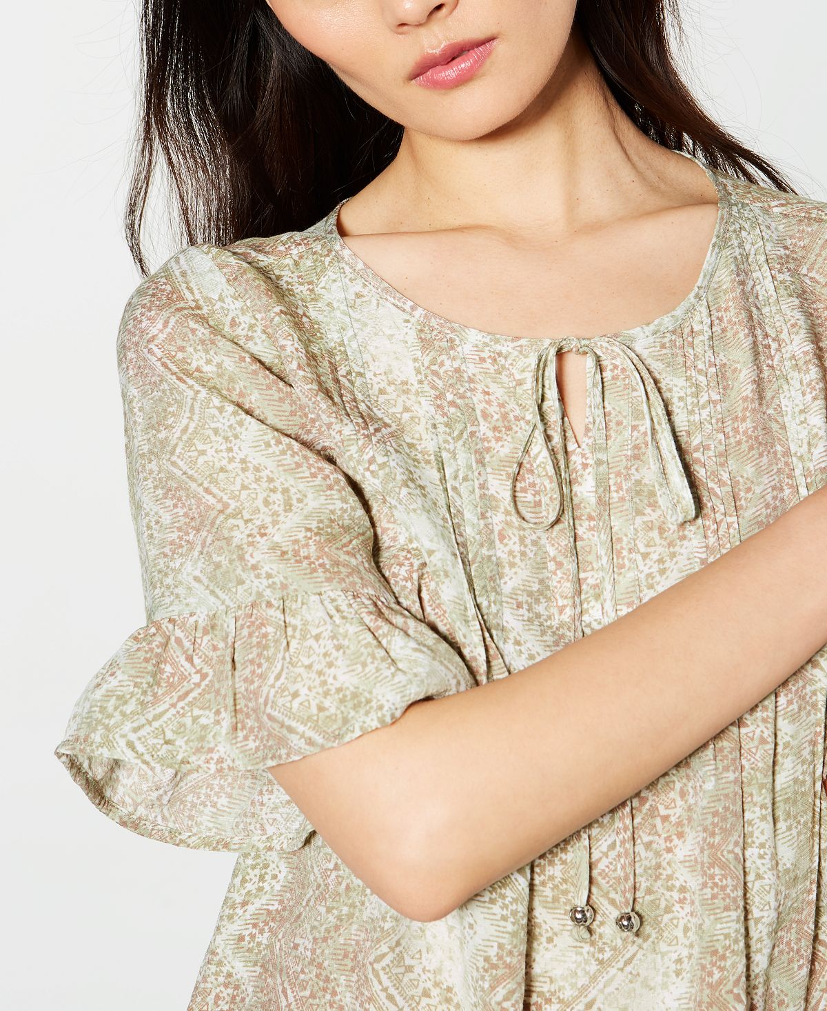 NY Collection Women's Printed Bell-Sleeve Top Brown Size Petite Small