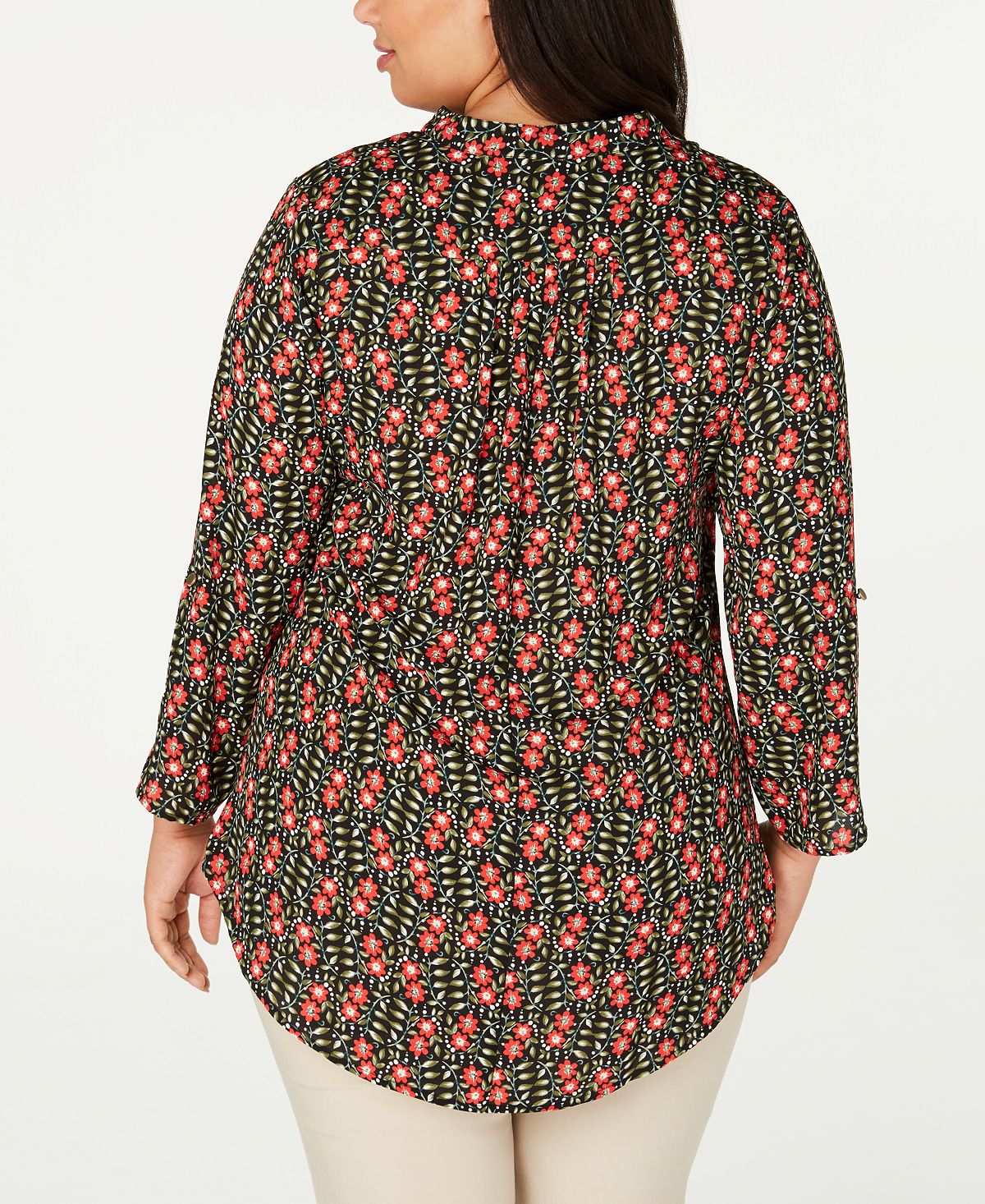 NY Collection Women's Printed Roll Tab Sleeve Top Black Size 2X