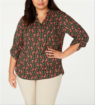 NY Collection Women's Printed Roll Tab Sleeve Top Black Size 2X