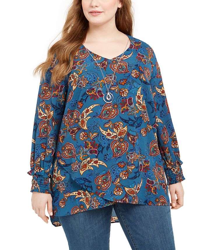 NY Collection Women's Plus Printed Removable Necklace Top Blue Size 2X