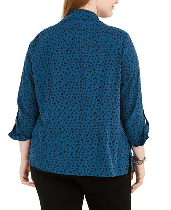 NY Collection Women's Polka Dot Button Down Shirt Blue Size 2X