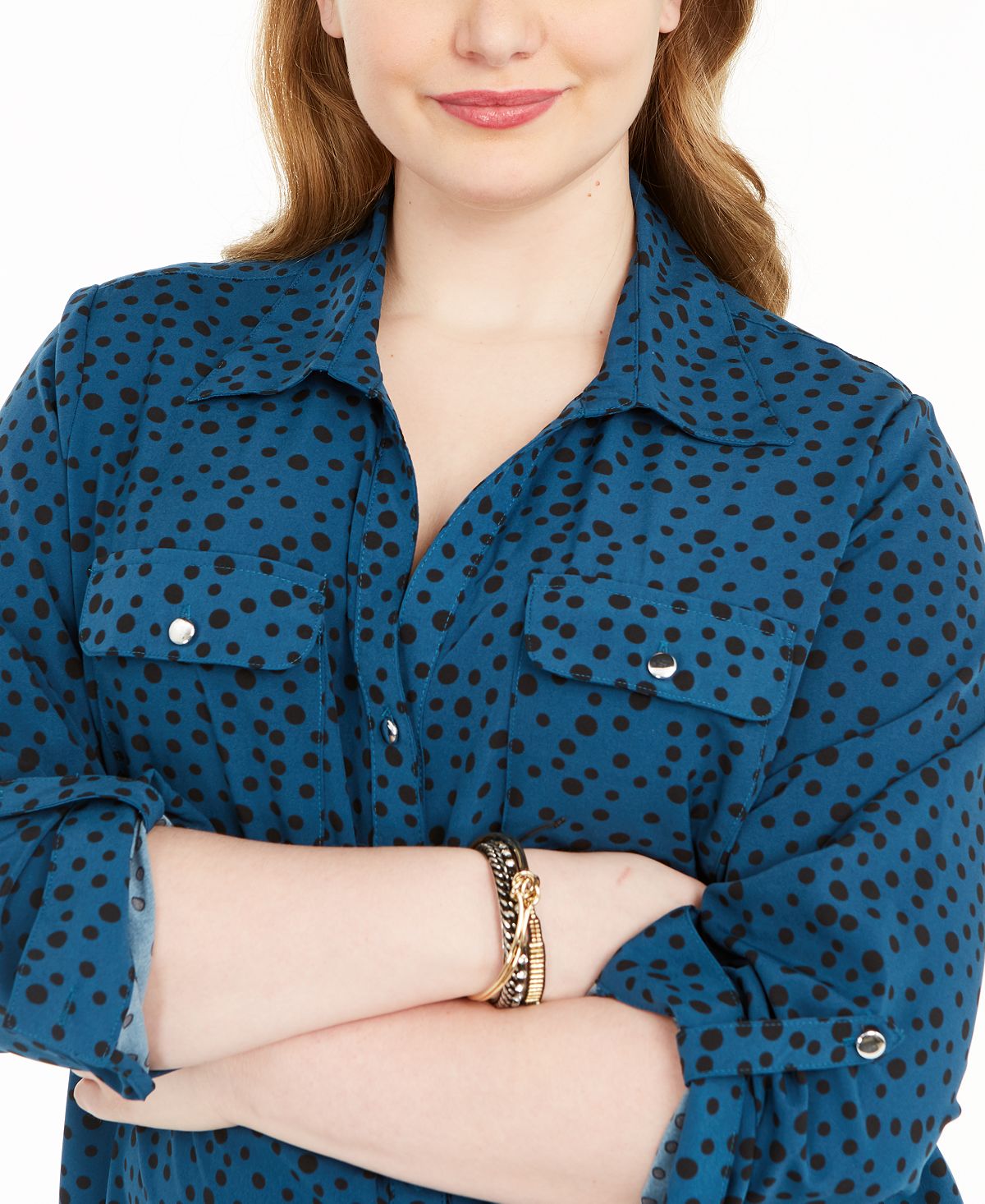 NY Collection Women's Polka Dot Button Down Shirt Blue Size 2X