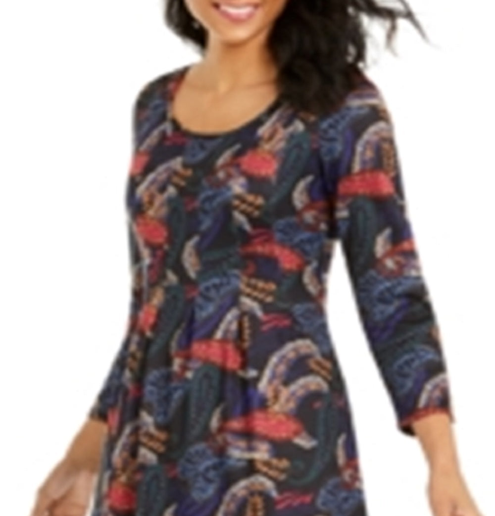 NY Collection Women's Paisley Print Knee Midi Dress Black Size Petite Medium