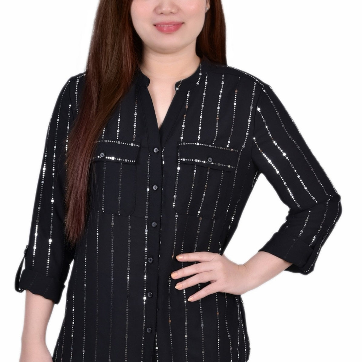 NY Collection Women's 3/4 Sleeve Roll Tab With Metallic Details Blouse Top Black Size M