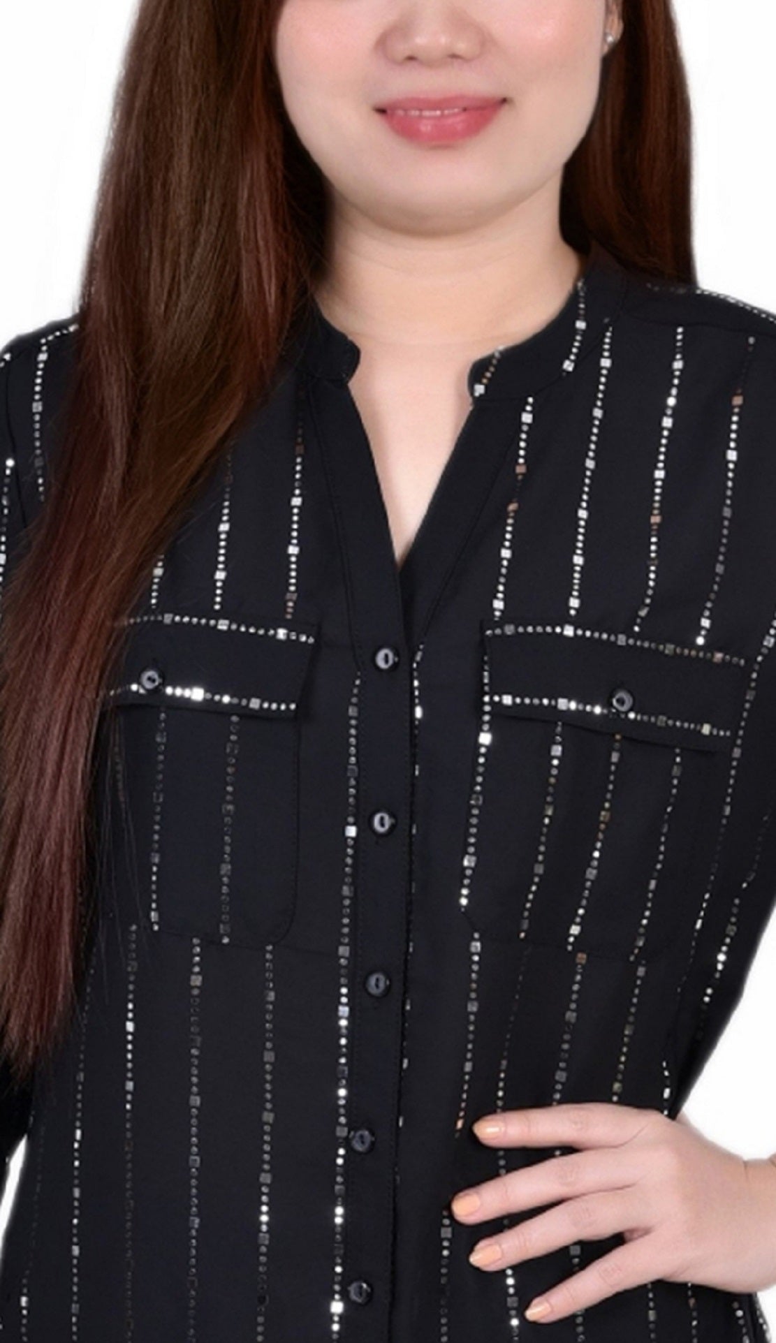 NY Collection Women's Metallic Details 3/4 Sleeve With Roll Tab Blouse Top Black Size Large