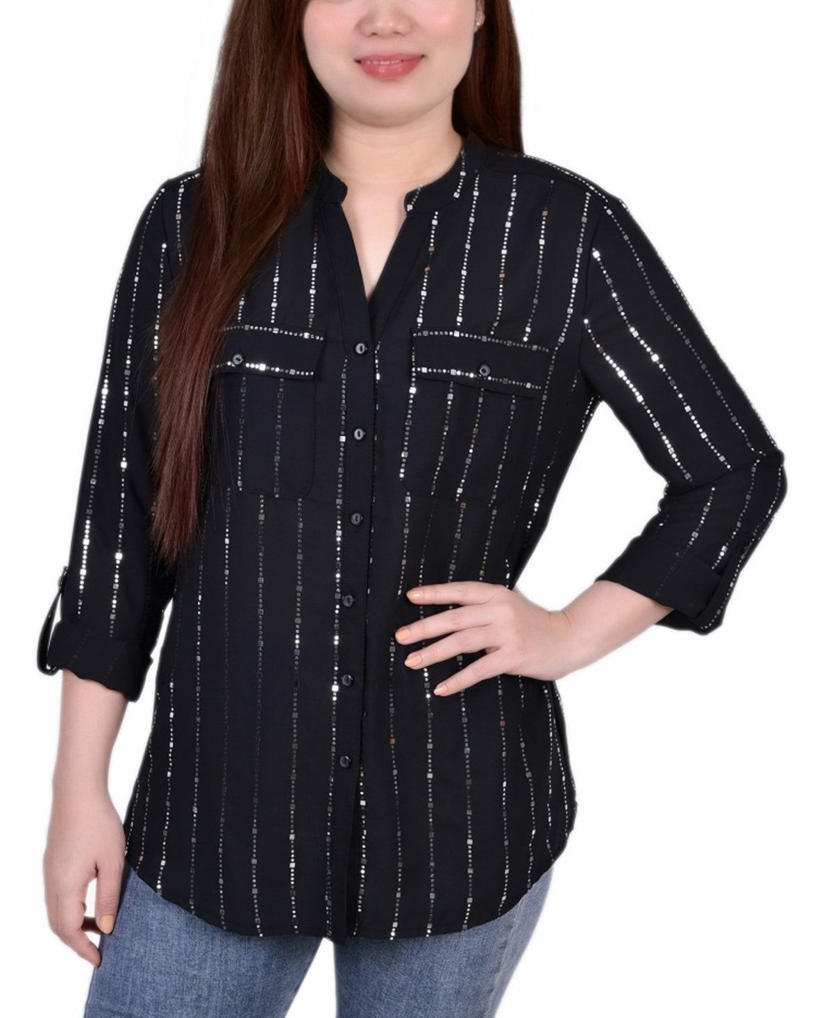 NY Collection Women's Metallic Details 3/4 Sleeve With Roll Tab Blouse Top Black Size Large
