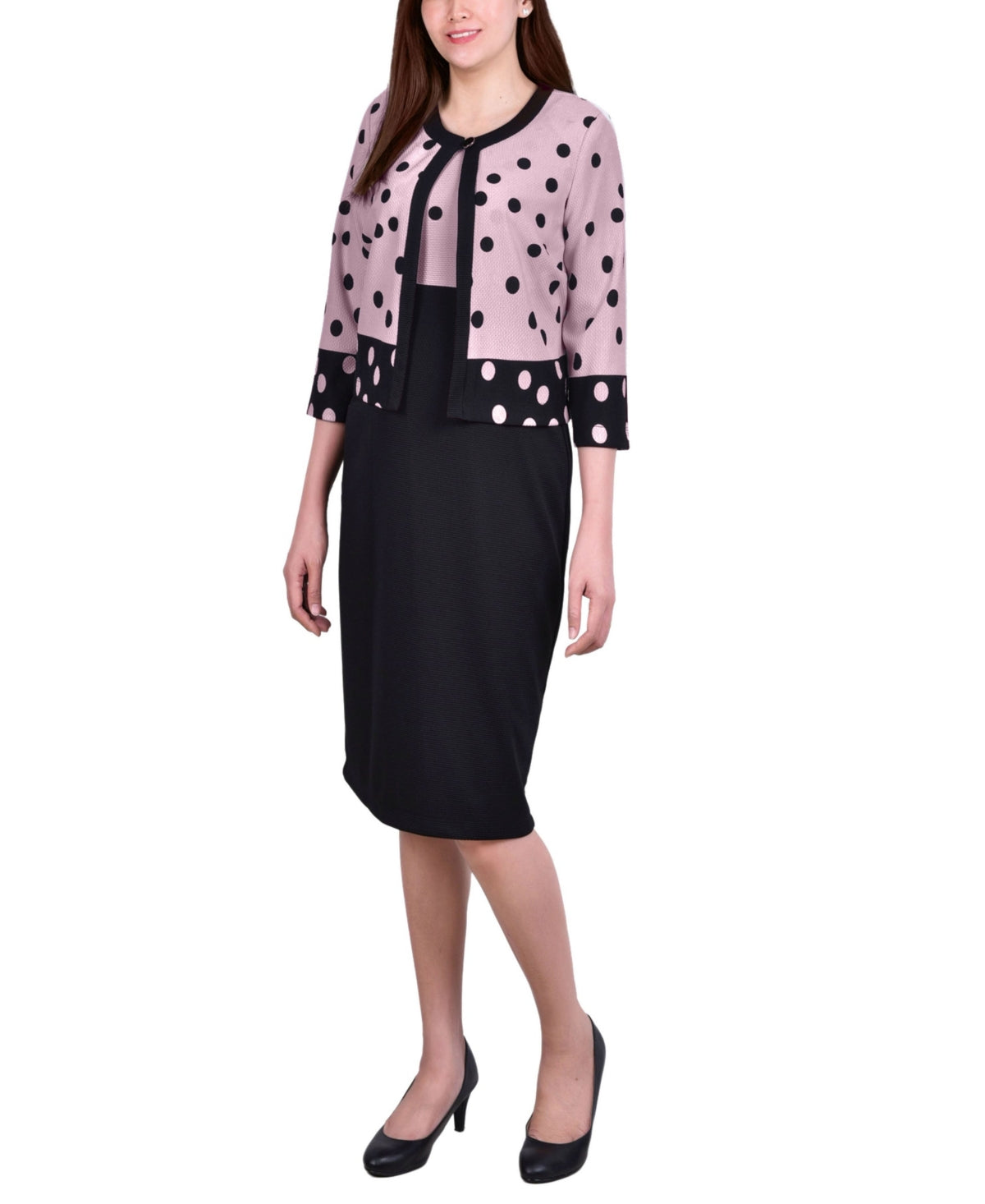 NY Collection Women's 3/4 Sleeve Two Piece Dress Set Black Size 10
