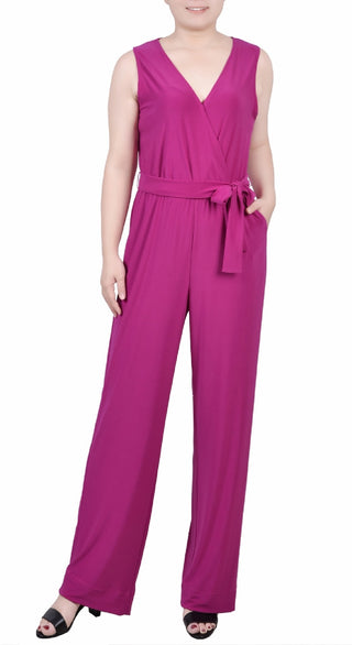 NY Collection Women's Surplice Belted Wide Leg Jumpsuit Purple Size Petite X-Large