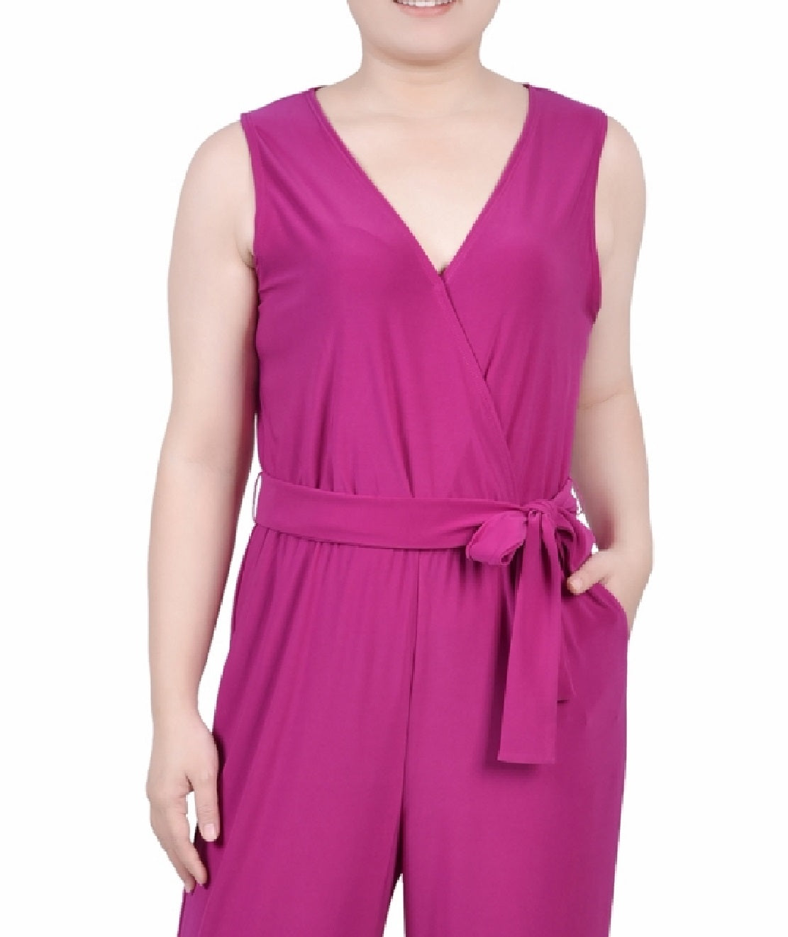NY Collection Women's Surplice Belted Wide Leg Jumpsuit Purple Size Petite X-Large