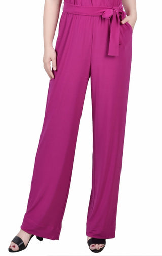 NY Collection Women's Surplice Belted Wide Leg Jumpsuit Purple Size Petite X-Large