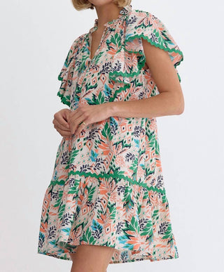 Entro - Leaf Print V-Neck Mini Dress