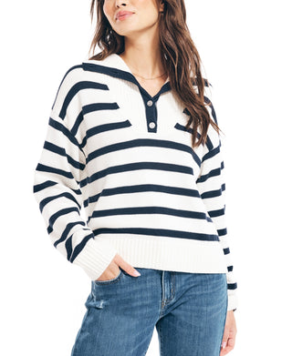 Nautica Women's Striped Quarter-Button Sweater White Size Large