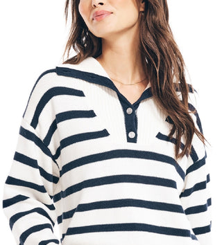 Nautica Women's Striped Quarter-Button Sweater White Size Large