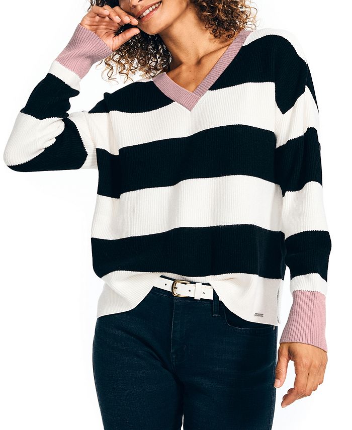Nautica Women's Striped V Neck Sweater Black Size Small