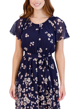 Sandra Darren Women's Printed Flutter Sleeve A Line Dress Blue Size 10