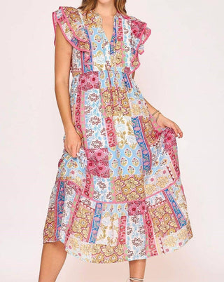 Trendsi - Umgee Full Size Tie Neck Double Layered Ruffle Sleeve Midi Dress Plus Size