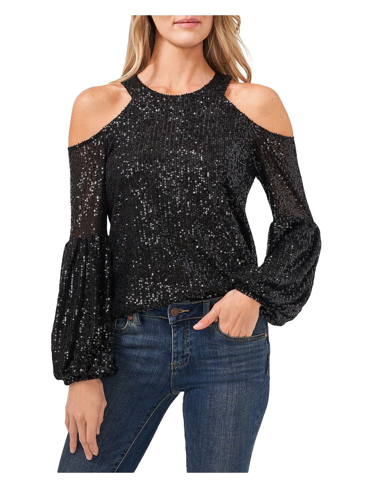 CeCe Womens Sequined Cold Shoulder Blouse Black Size XS