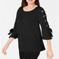 JM Collection Women's Laced Grommet Sleeve Top Black Size Large