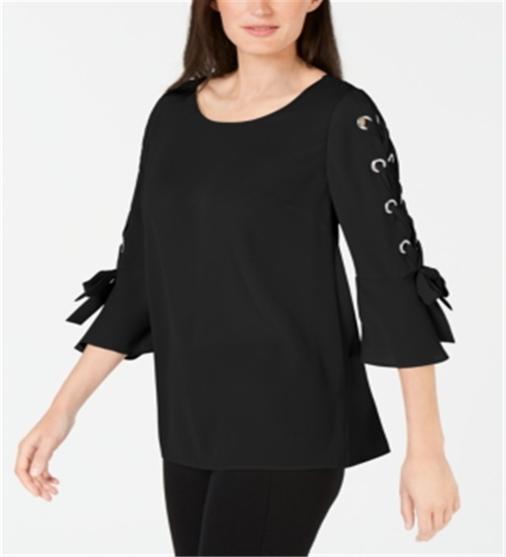 JM Collection Women's Laced Grommet Sleeve Top Black Size Large