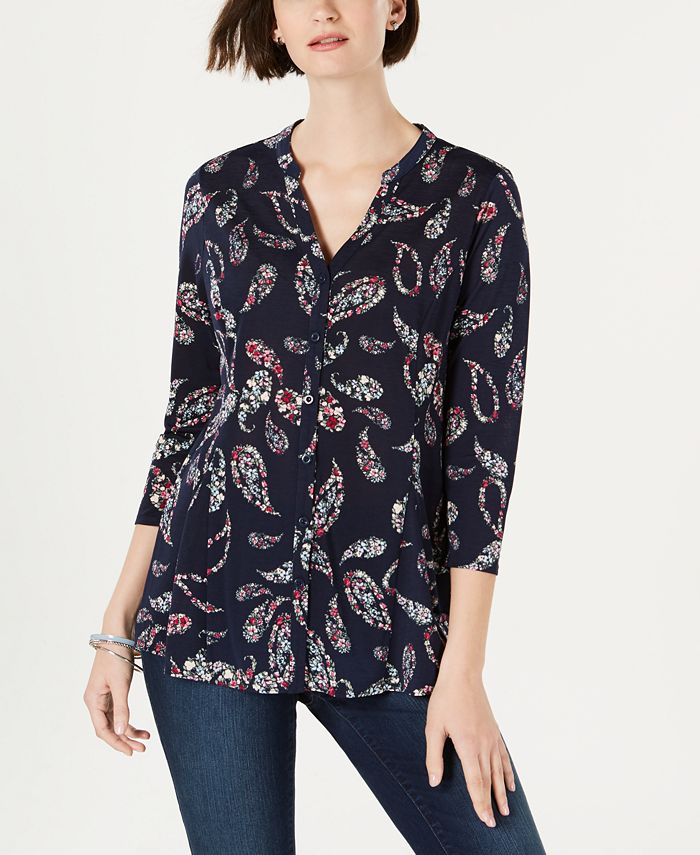 Charter Club Women's Paisley Print Shirt Blue Size Small