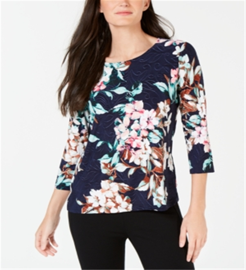 JM Collection Women's Printed Jacquard Top Blue Size X-Large