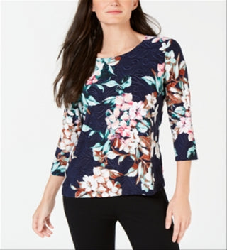 JM Collection Women's Printed Jacquard Top Blue Size X-Large