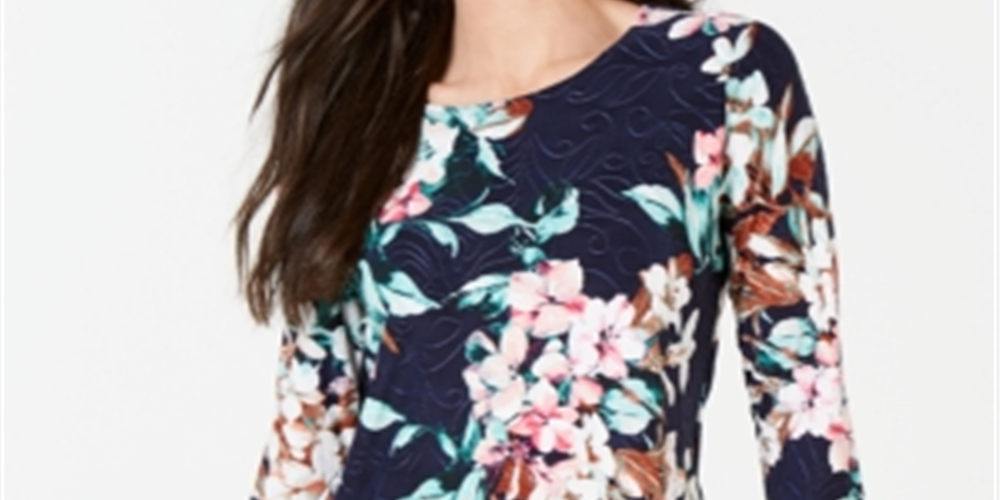 JM Collection Women's Printed Jacquard Top Blue Size X-Large