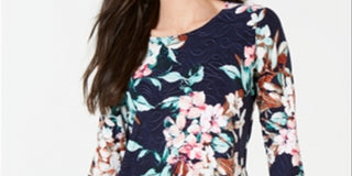 JM Collection Women's Printed Jacquard Top Blue Size X-Large