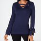 JM Collection Women's Grommet Trim V Neck Top Blue Size Large