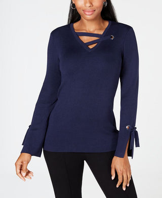 JM Collection Women's Grommet Trim V Neck Top Blue Size Large