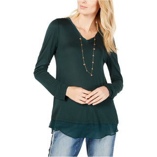 INC International Concepts Women's Sheer Trim Basic T-Shirt Green Size Medium