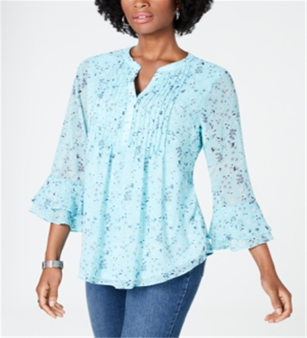 Charter Club Women's Floral Double Ruffle Blouse Blue Size X-Large