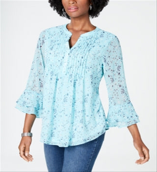 Charter Club Women's Floral Double Ruffle Blouse Blue Size X-Large
