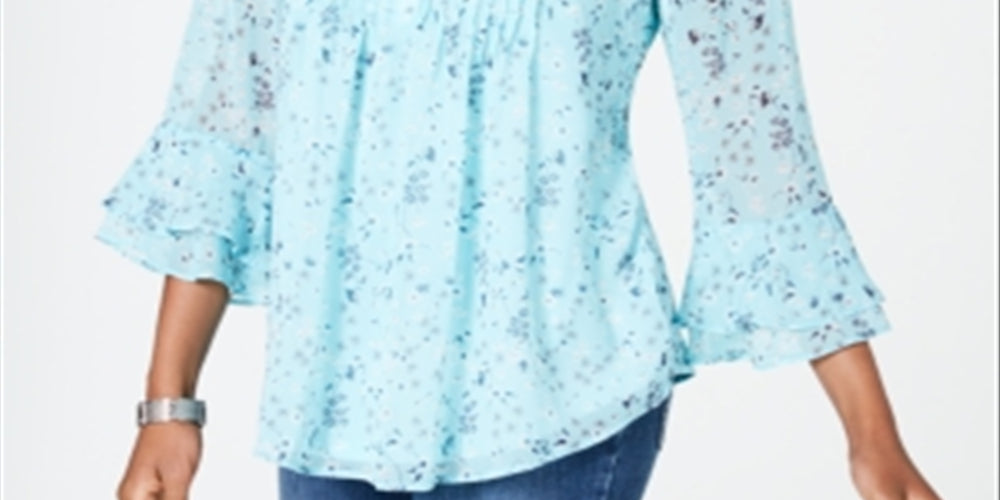 Charter Club Women's Floral Double Ruffle Blouse Blue Size X-Large