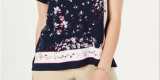 Charter Club Women's Printed Short Sleeve T-Shirt Blue Size Medium