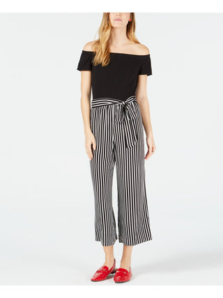 Maison Jules Women's Striped Sleeveless Off Shoulder T-Shirt Wide Leg Jumpsuit Black Size Medium